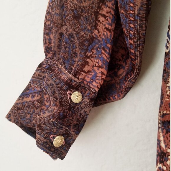 Zara Patchwork Shirt Blouse Top M Oversized Paisley Boho Brown Semi Sheer Collar - Picture 12 of 16